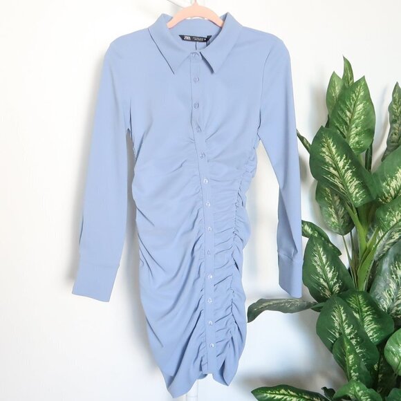 Zara Blue Bodycon Asymmetric Ruched Draped Long Sleeve Mini Shirt Dress - Picture 8 of 13